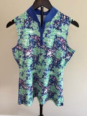 EP‎ New York Women's Sleeveless Mock Neck Floral Bluebell Golf Polo- M